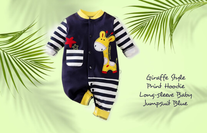 Giraffe Style Print Hoodie Long-sleeve Baby Jumpsuit Blue